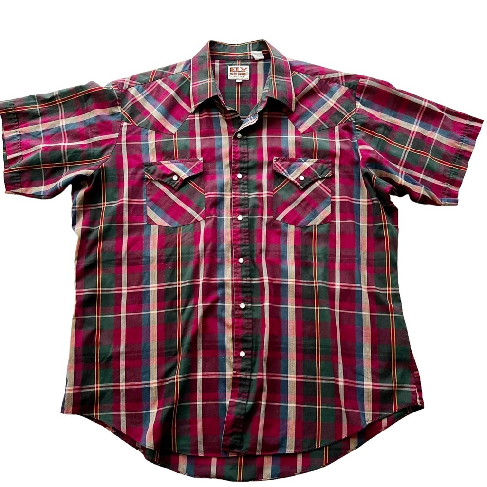 Ely Cattleman Pearl Snap Short Sleeve Western Shirt Red Green Teal Plaid XL
